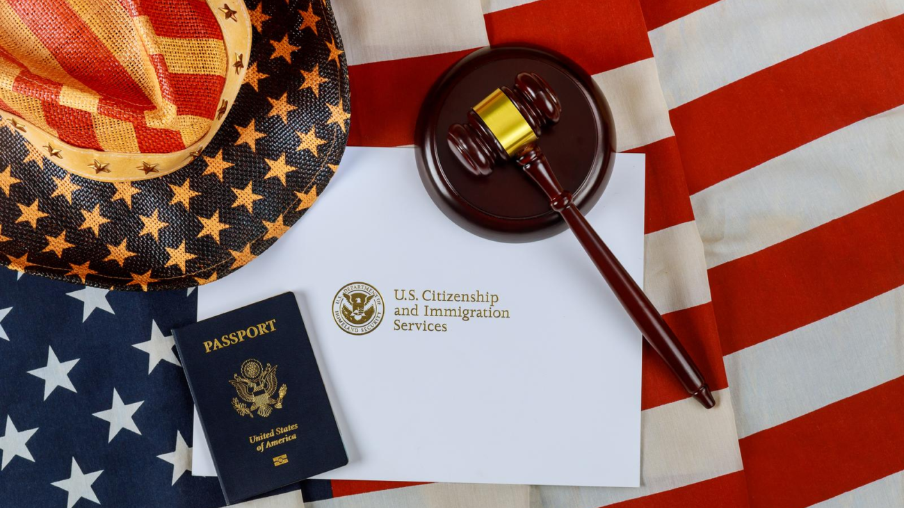 A set of immigration symbols: documentation, a US flag and a gavel.